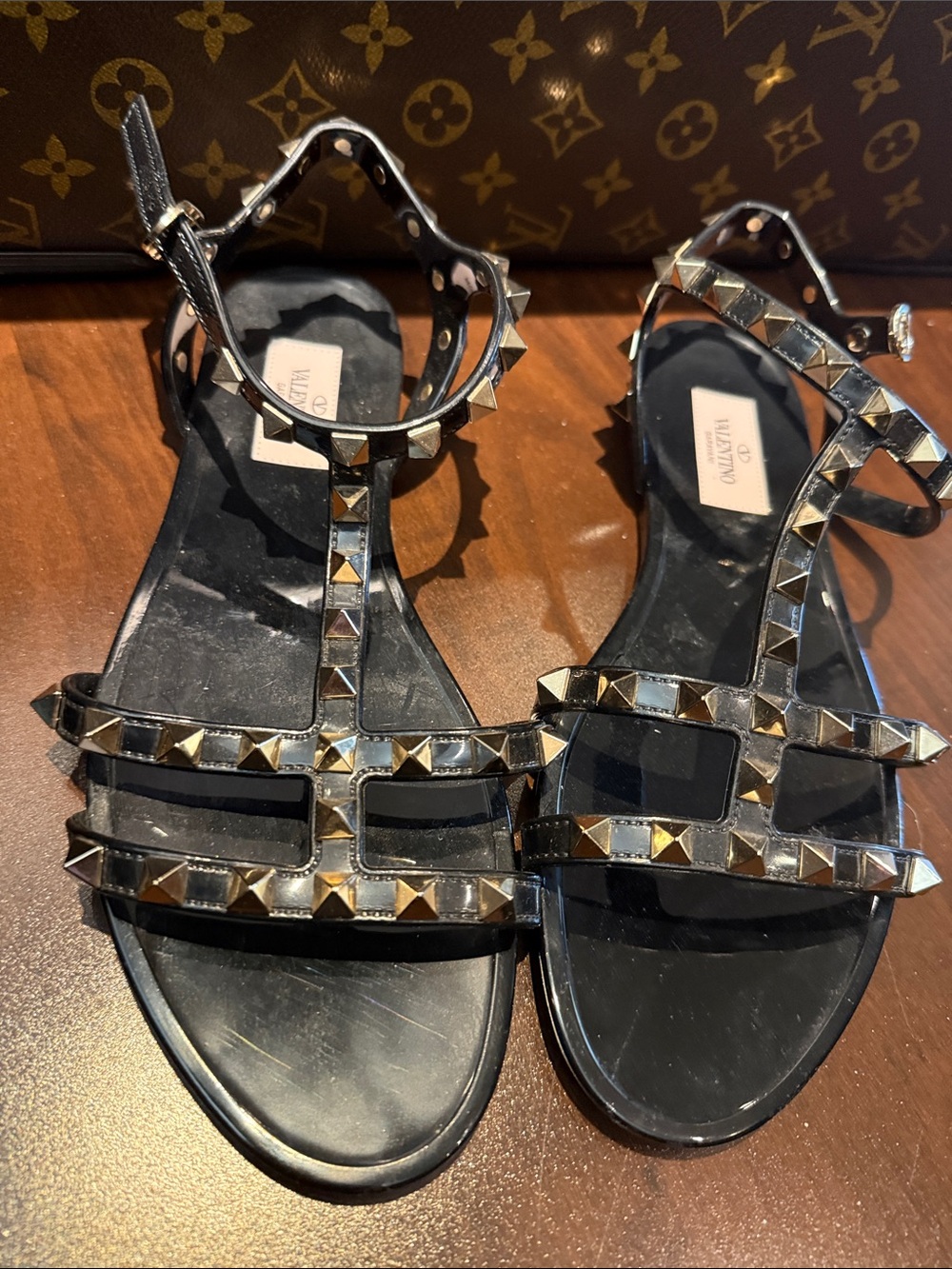 Valentino Garavani Black Leather Rockstud T-Strap Sandals